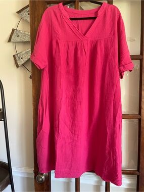 Women's Midi Dress in Hot Pink - Casual V-Neck Tunic